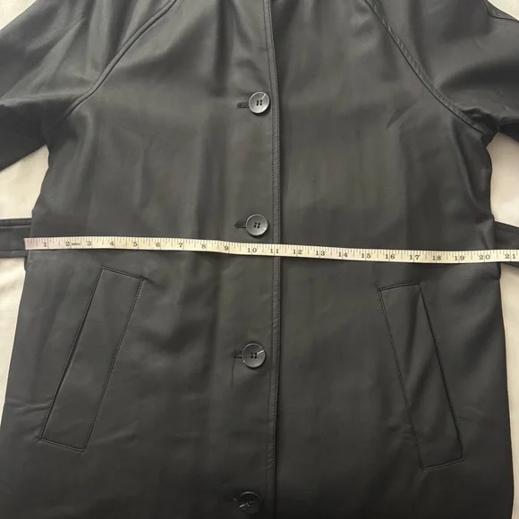 Black PU leather belted single breasted long trench coat - Picture 11 of 13